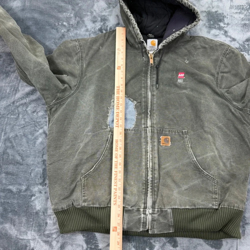 VTG Carhartt J130 MOS Fade Distressed Moss Green Jacket Mens XL Quilt Lined Hood